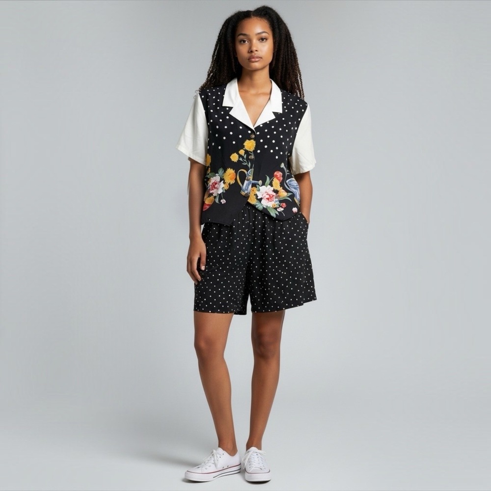 Jessica Stevens Womens Sz Medium Two Piece Set Blouse Shorts Polka Dot Gardening
